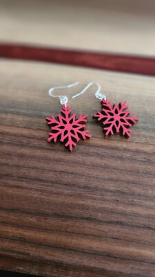 Snowflake Wooden Earrings, Hand-Painted and Lightweight, Christmas Themed Earrings - image3